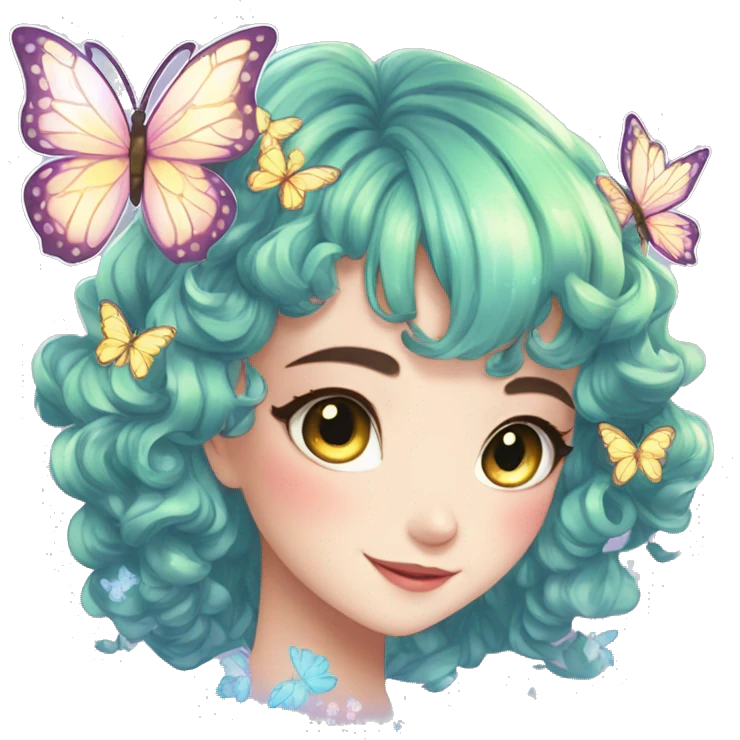 gorgeous shiny anime lady with butterflies and beautiful hair fairycore cottagecore high quality detailed emoji