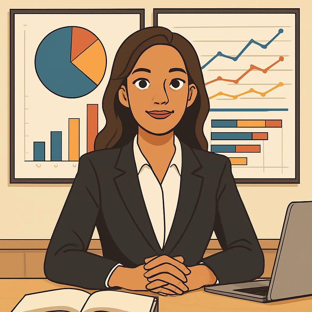 Convert this image to a cartoon style with a confident, successful CEO vibe. The girl should have slightly longer hair and lighter skin tone, maintaining her confident expression and professional appearance. emoji