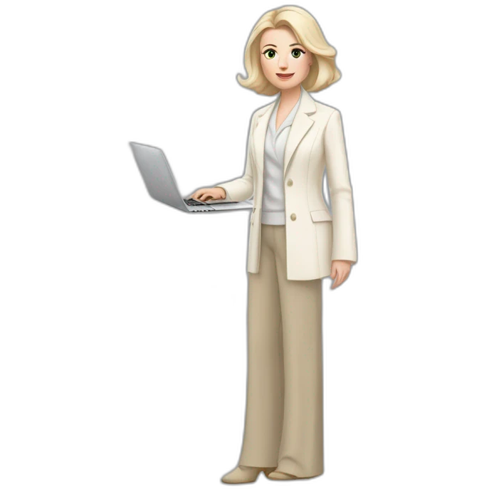 pale skin woman with ash blonde Straightened bob Hair, White Spacious classical jacket, beige palazzo Arrow pants and gray blouse holding a MacBook in the hands emoji