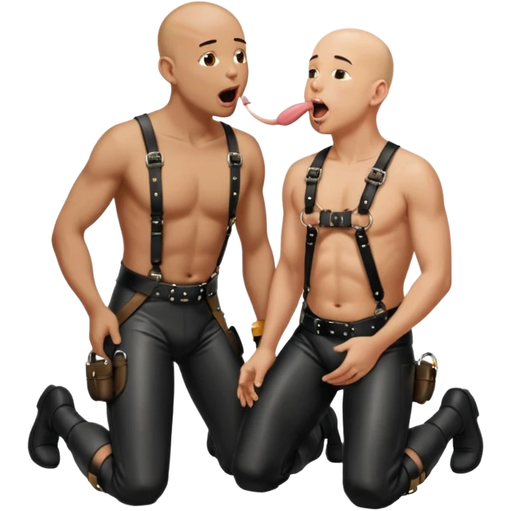 a bald man on his knees and a black leather harness, his tongue out, looking up next to a standing man in leather pissing into the kneeling man’s mouth emoji