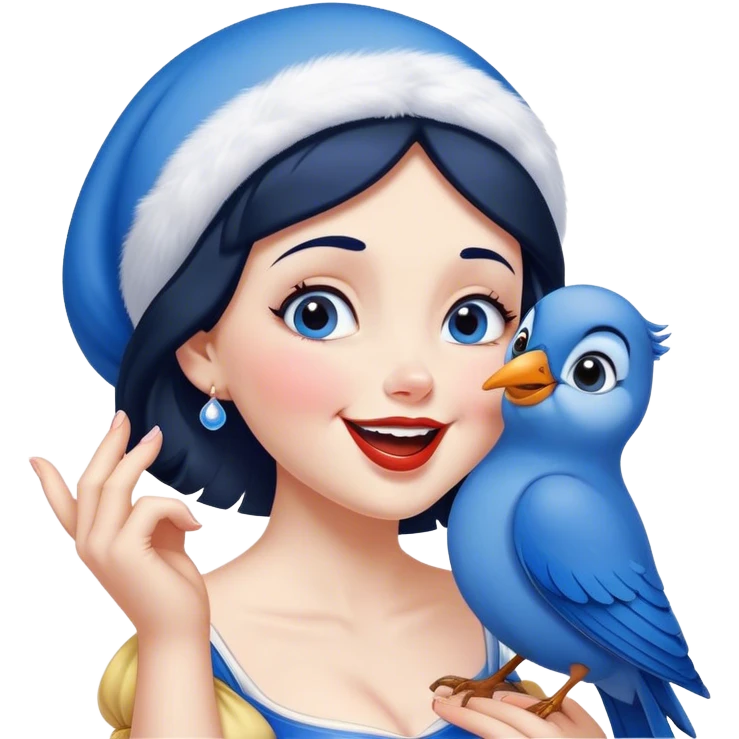 Cinematic Adorable Snow White Portrait Emoji, Giggling as a bluebird perches on her finger, cheeks rosy with joy, bright expressive eyes full of wonder, her innocence and beauty blending into a heartwarming moment! emoji