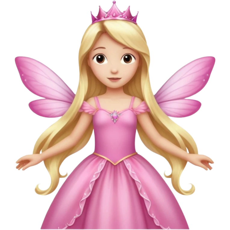 Realistic detailed long pink princess dress, long blonde hair, pink fairy wings emoji
