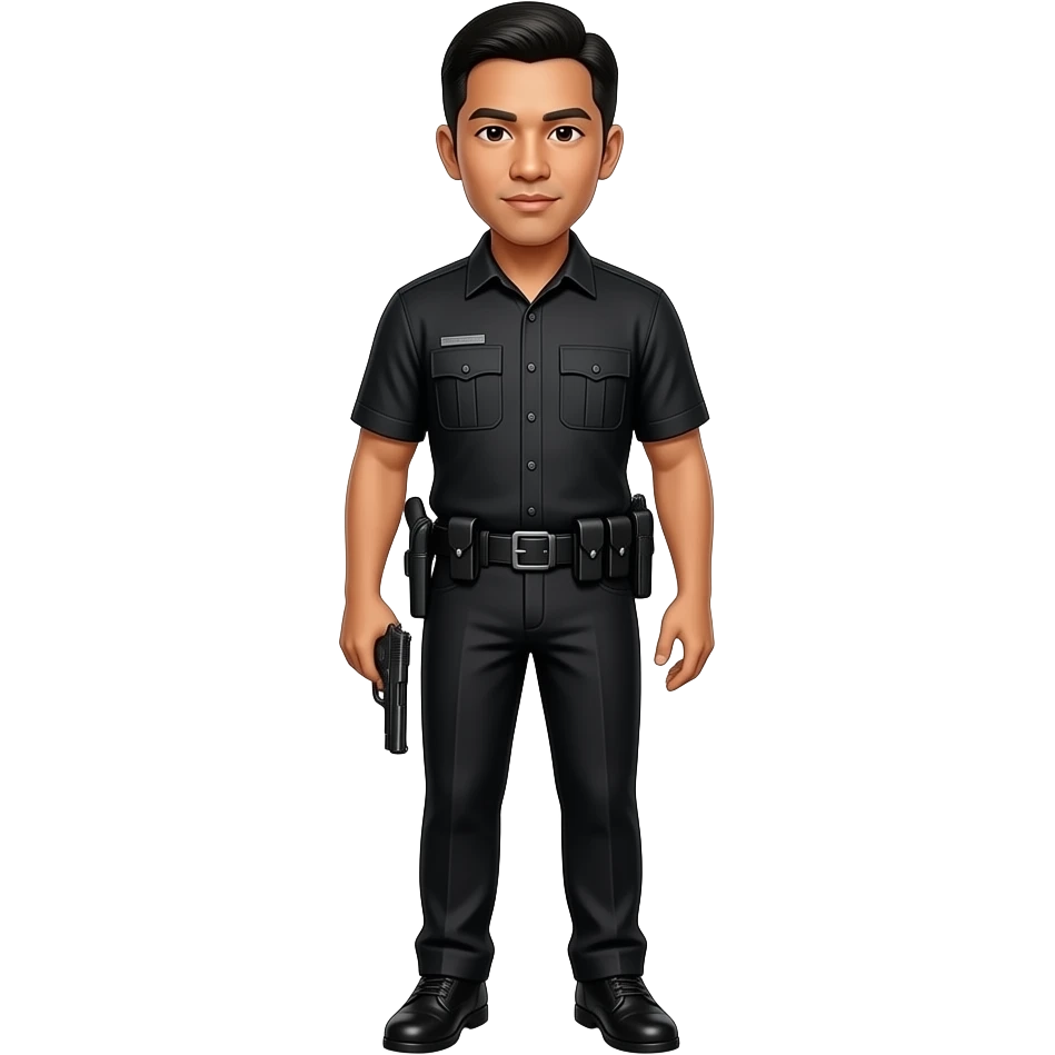 Filipino man black neck button tshirt black pants with patrol shoes with pistol holster belt emoji