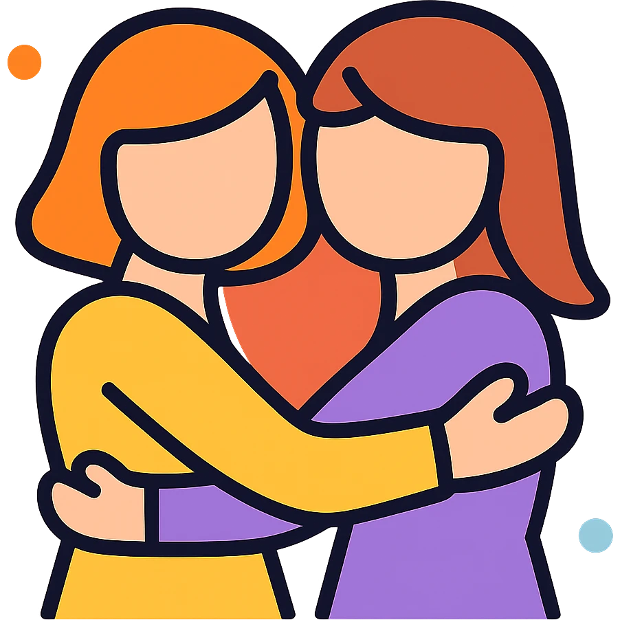 Add gentle color accents to the icon of two women embracing, keep the style minimal and background transparent. emoji