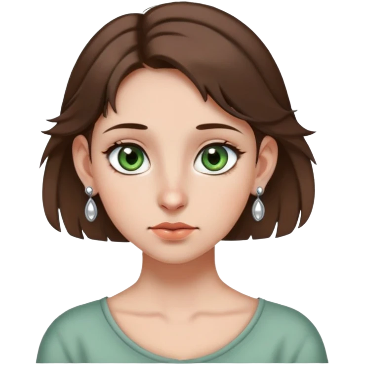 generate an icon of a girl with gray-green eyes and brown hair with pierced ears on one side five earrings on the other two also on the cheek the girl has a mole/ With all her emotion emoji