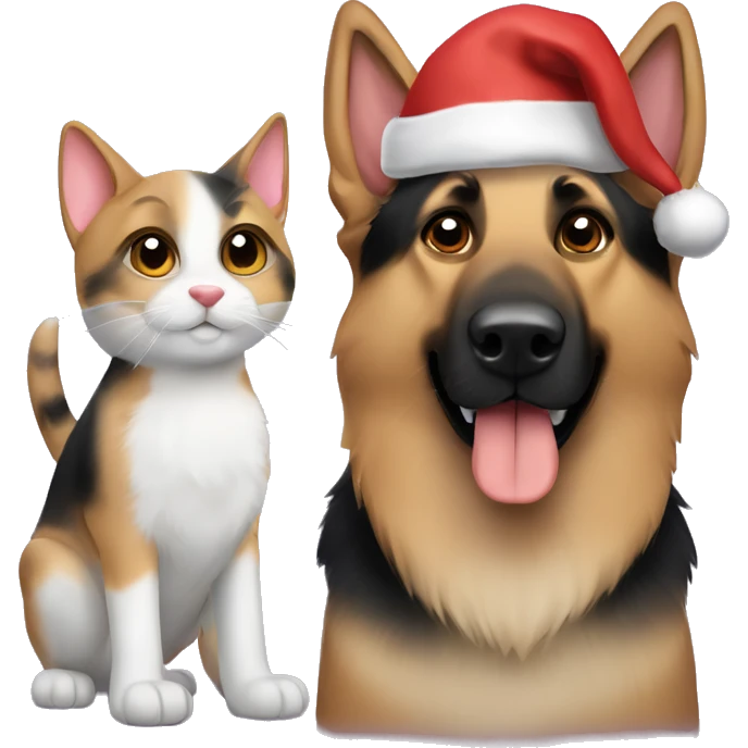 A German shepherd dog and a calico cat in Santa hats emoji