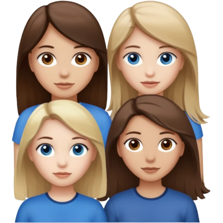 three people who are friends and the features are as follows: one girl who is white, has brown hair and brown eyes; one girl who is dirty blonde with blue eyes; one girl who is tan with dark brown hair and dark brown eyes emoji