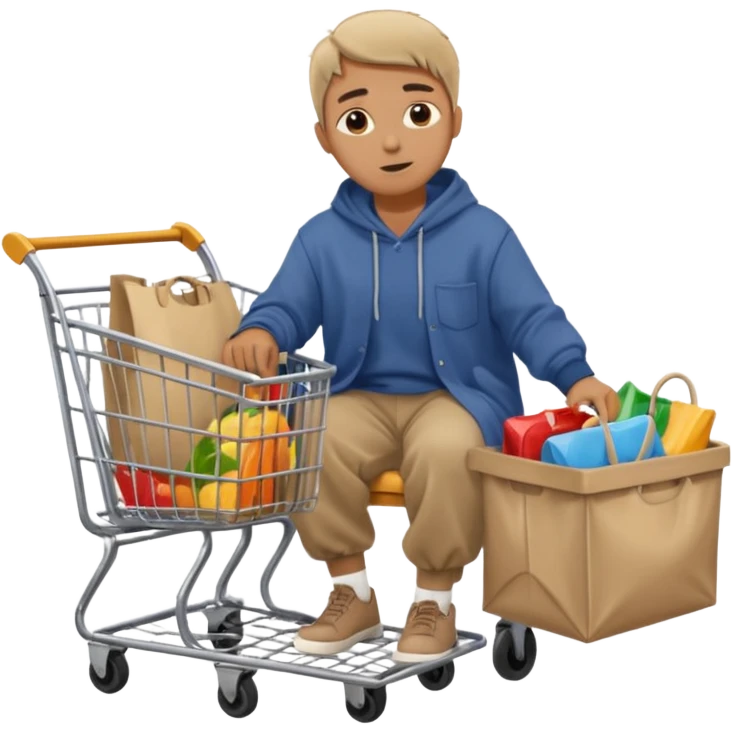 A man in oversized second-hand clothes, sitting beside a shopping cart of items, looking around with soft hopeful eyes.
 emoji