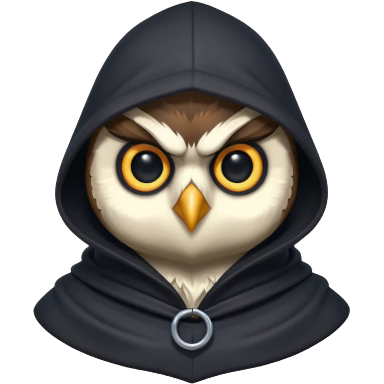 thief owl portrait, head and shoulders only, mysterious eyes, dark hood collar, silent night burglar vibe, 3D cartoon, mobile game icon style, clean background, no text, no watermark
 emoji