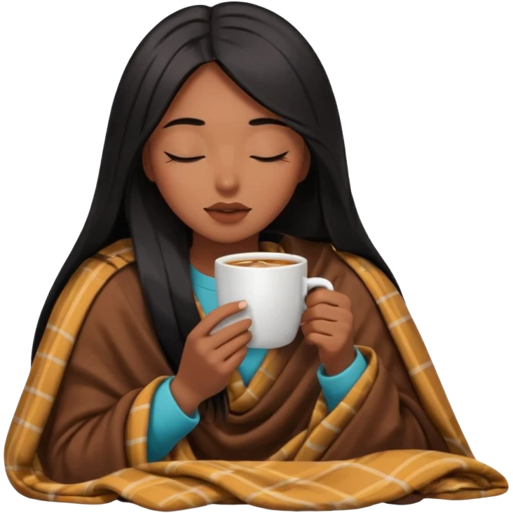 Chocolate brown girl with long straight jet black hair inside a blanket sipping coffee eyes closed emoji