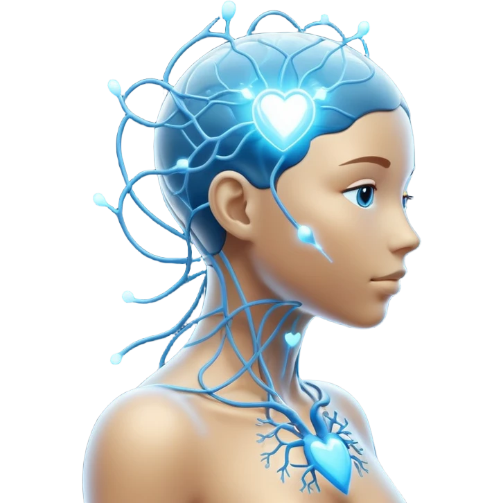 human silhouette with glowing nodes at head and heart, interconnected by flowing lines and floating orbs, soft white-blue light emoji
