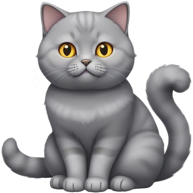 cinematic-[British shorthair cat]-realistic-full-body-sitting-emoji,-tail-curled-playfully-around-its-paws,-head-tilted-dramatically,-fluffy-[grey]-fur,-simplified-yet-hilariously-adorable-features,-highly-detailed,-glowing-with-an-almost-sarcastic-glow emoji