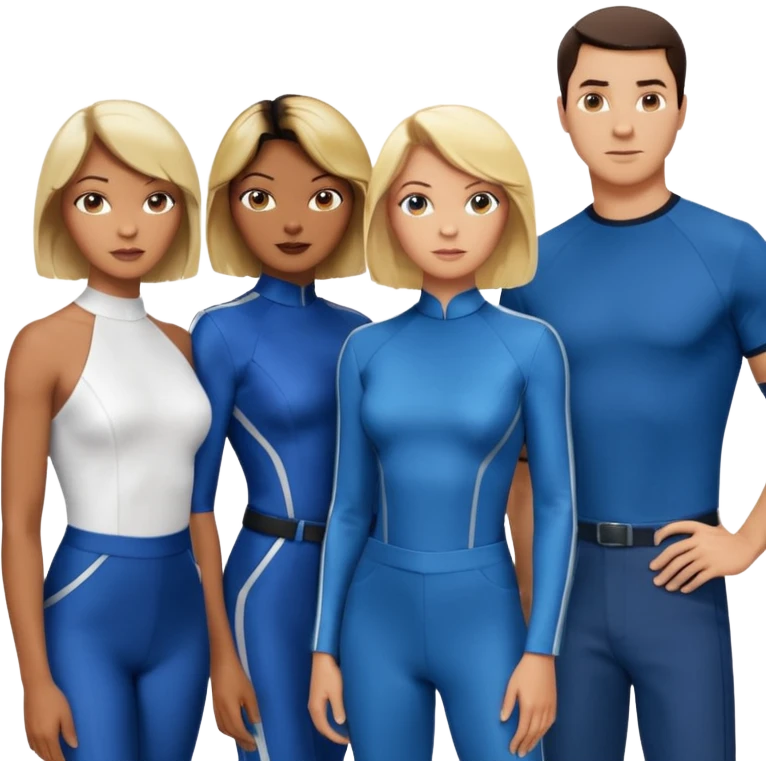 3 Friends standing side by side, charlie's angels style: 1 black woman with a short flat pressed bob, 1 hispanic man with a thin nose and long hair, and 1 white guy with blue eyes and a short brown-blonde haircut emoji