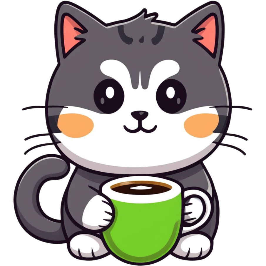tricolor fluffy cat with big green eyes drinking a cup of coffee emoji