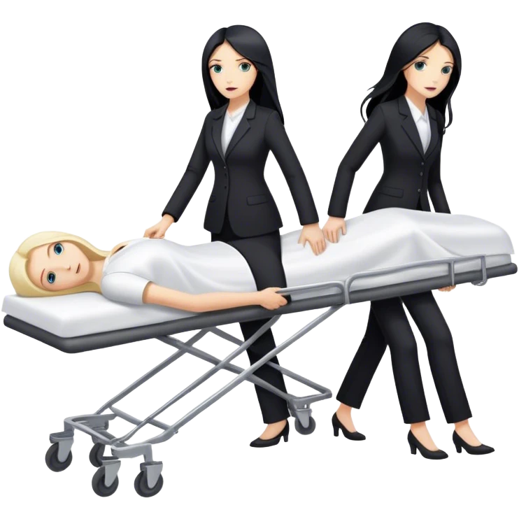 Two woman in black pants suits. One has long black hair and one has long blond hair. They are pushing a stretcher with a dead body on it that is covered in white sheets  emoji