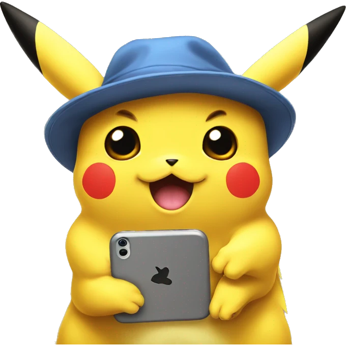 Pikachu with hat holding phone emoji