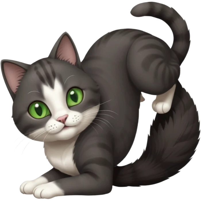 beautiful female solid dark grey cat with green eyes, white toes/paws and white patch on her chest playfully rolling upside down emoji