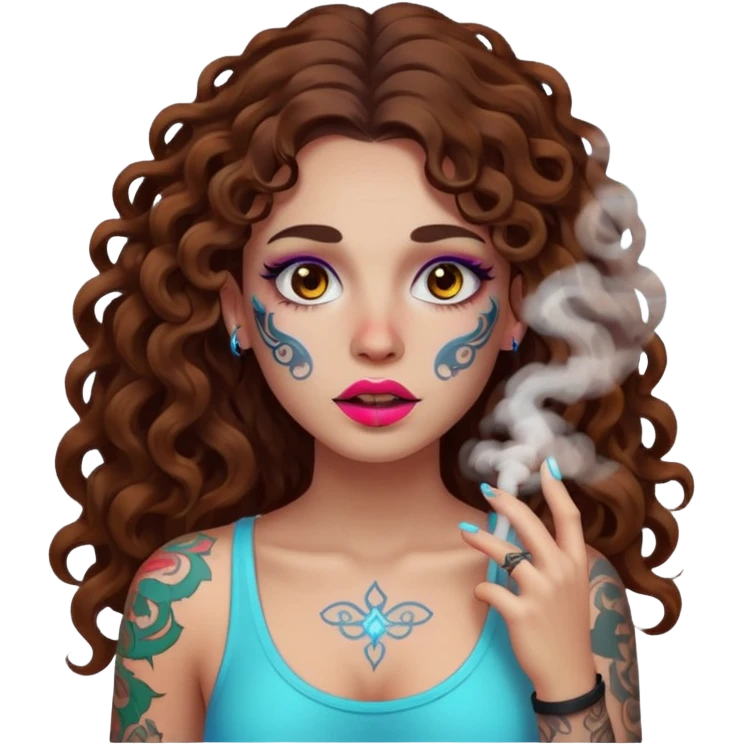 woman with long curly brown hair, brown eyes, white skin, tattoos, neon fog coming from her breath emoji