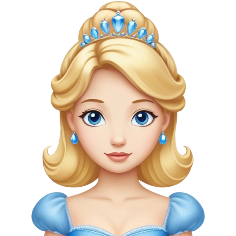 Cinematic Realistic Comical Cinderella Portrait, with every detail rendered realistically—from the soft, smooth texture of her fair skin to her artfully styled golden-blonde hair. Her bright blue eyes are wide with playful disbelief, and her expression carries a touch of whimsical humor while retaining elegant poise. Her classic ball gown, detailed with rich fabric textures and natural shadows, catches the light in a way that blends refined beauty with a hint of cheeky mischief, creating a striking, lifelike portrayal. emoji