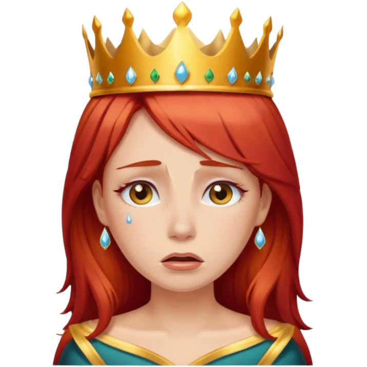 Beautiful lady crying tears can see shoulders red hair and crown on her head emoji