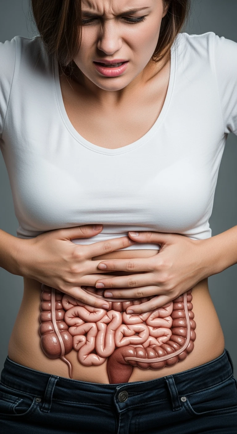 DONNA CON INTESTINO ANATOMICO REALISTICO e mal di pancia, intestino realistico in evidenza, IPERREALISTICO 4K emoji