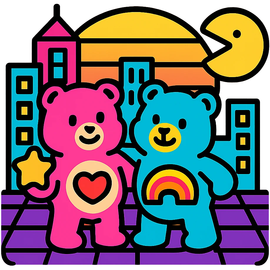 Care Bears and Pacman in a neon 80's sci-fi cityscape, vibrant colors emoji