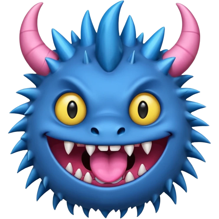 A blue monster with two small black horns, spiky fur, large round yellow eyes, a wide grin showing sharp teeth, and its tongue playfully sticking out to the side. emoji