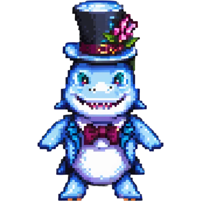 pixel art shark with a fancy tophat, simple background emoji