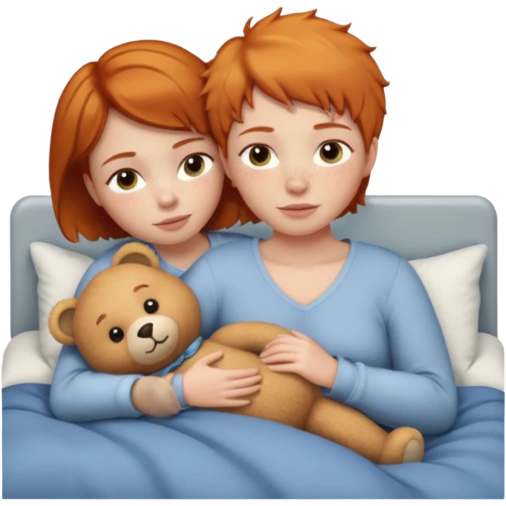 ginger woman short hair cuddle in bed with teddy emoji