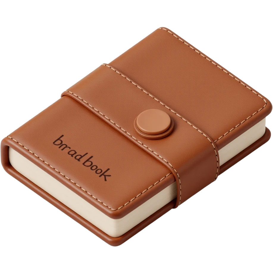 leather-bound notebook with stitching and 'brandbook' written on it, skeuomorphism icon style emoji