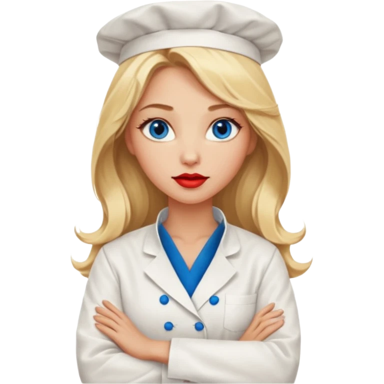 Beautiful, sexy,  long blonde hair, blue eyed, full red lips plunging v neck chefs coat, female chef arms folded  emoji