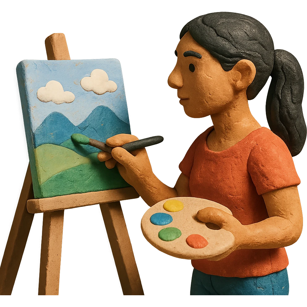 tanned woman artist with long black hair in a ponytail, painting a landscape at an easel, holding a paint palette and brush, claymation style emoji