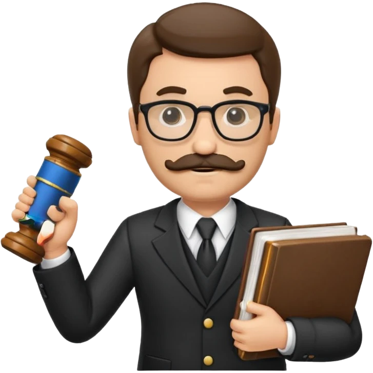 “Create a clean, modern emoji-style illustration of a male lawyer. He is wearing a formal suit jacket. He is holding a judge’s gavel (QUE SE VE DE COSTADO) in one hand and has a law book tucked under his arm. He has a mustache and a short beard, and GLASSES emoji