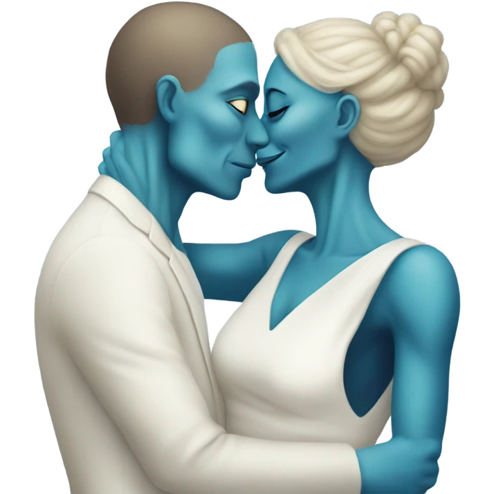 Alien reptilian woman in white dress hugs and kissing a normal white male human man in blue dress emoji