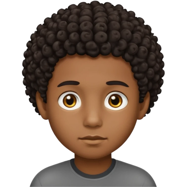 This avatar of black boy has tightly curly dark hair styled upward, a rounded face with golden-brown eyes, and a neutral expression emoji