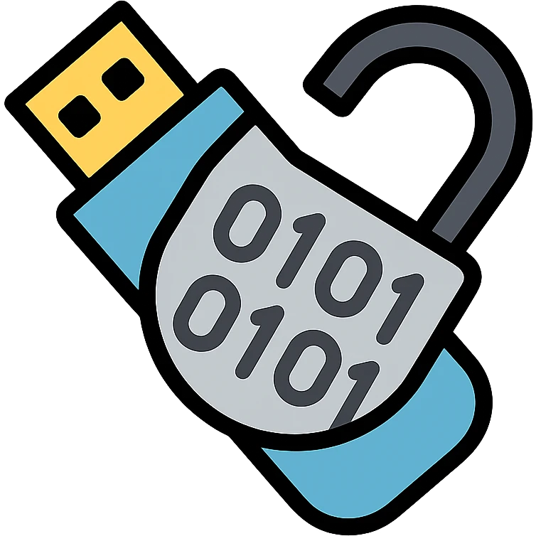 USB drive tilted down-left merged with the body of a broken lock forming a single transparent object in gray and black tones, with clear gray 1s and 0s inside the merged shape emoji