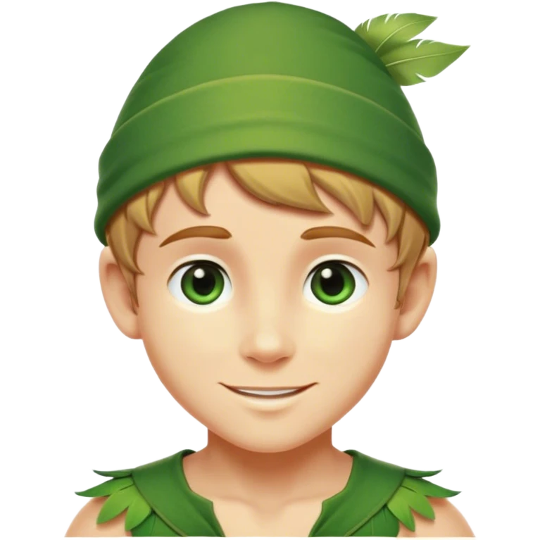 Cinematic Realistic Peter Pan Portrait, depicted with lifelike, youthful skin touched by a gentle sun-kissed glow. His bright, expressive eyes and confident smile evoke a timeless sense of wonder. Dressed in his iconic green tunic and feathered cap, every detail is rendered with soft, natural lighting that highlights his blend of innocence and courageous spirit. emoji