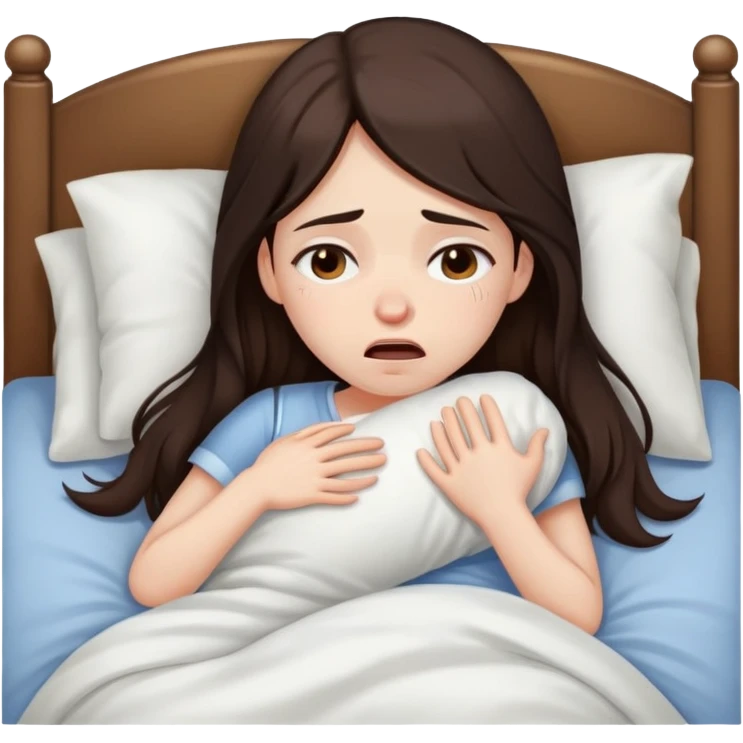girl with long dark brown hair brown eyes and pale skin crying in bed tired sick emoji