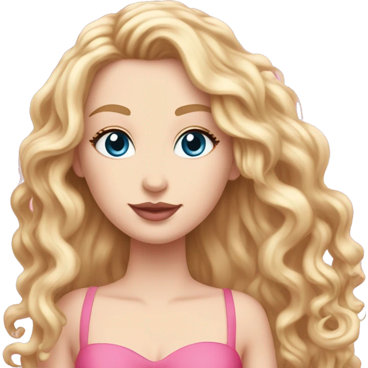 White girl 🧝🏻‍♀️, blue eyes, blond very long curly hair, pink lips, pink sexy dress. Background long emoji