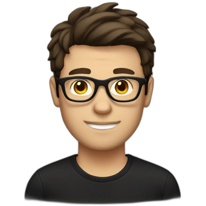 a slim white man with a straight-faced chin with messy short dark brown hair, with a black t-shirt, black rectangular glasses emoji