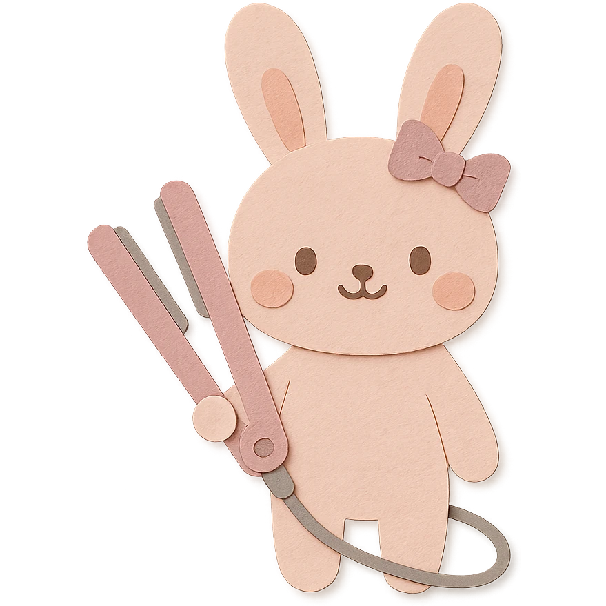 kawaii hair straightener bunny with a tiny bow, gentle happy face, soft pink, full-body emoji