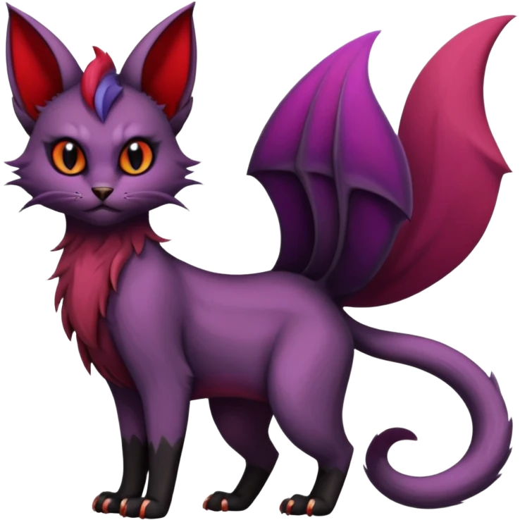 Dark gloomy gothic Black violet red edgy cute Noivern-Noibat-Purloin-Torracat-Lykoi-Caracal-cat-Fakemon-fusion-hybrid-creature with an imp tail  emoji