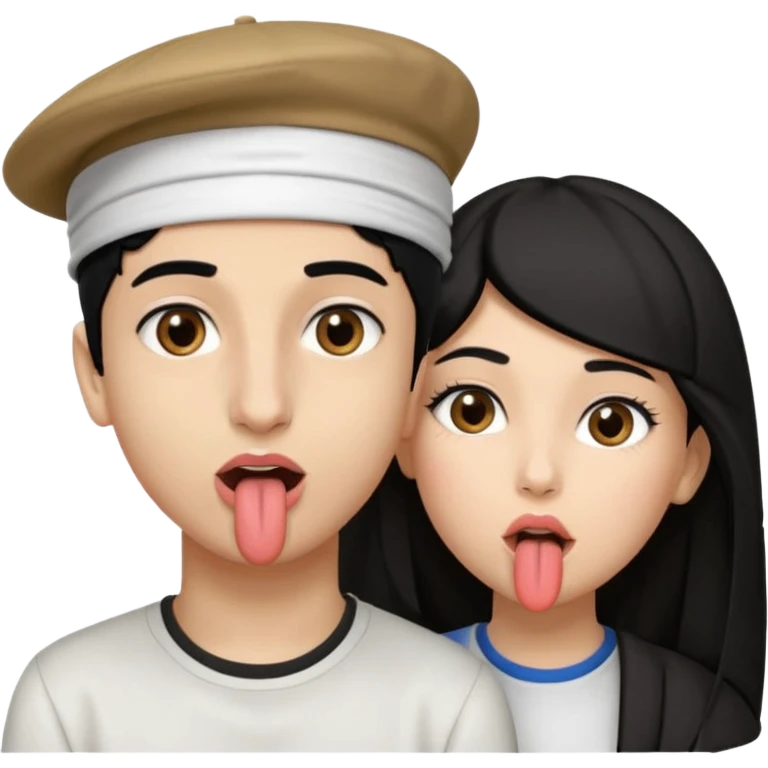  a white teenage Arab boy, light brown eyes sticking out his tongue and poking one eye, on one side a slightly dark-haired teenage girl, black hair with one brown eye and one black eye, the young girl blows a kiss Let them have the Arab cap  emoji