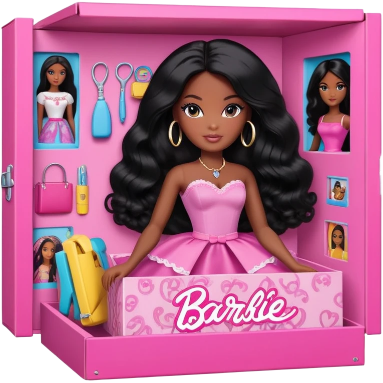  beautiful black women is inside barbie doll box with thick black hair with doll accessories on the side emoji