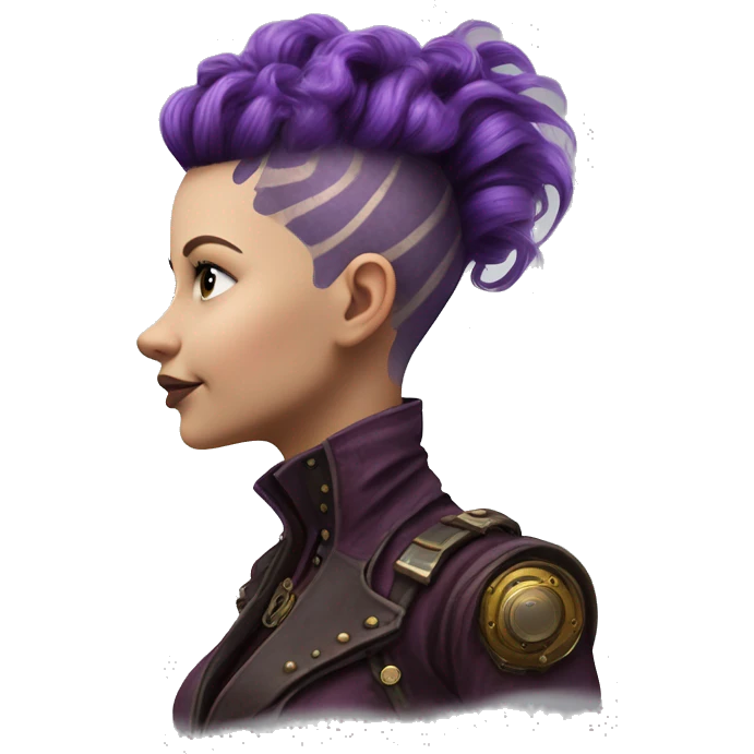 Photorealistic steampunk profile short mohawk purple wavy  on Caucasian girl with small nose round face emoji