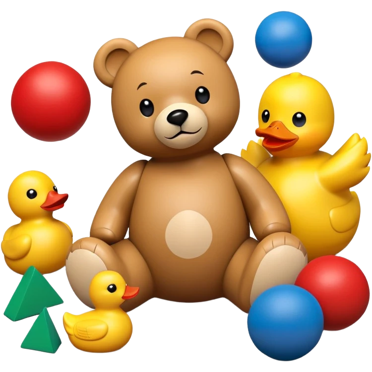 colorful children's toys scattered - teddy bear, yellow duck, wooden blocks, red ball, superhero figure emoji