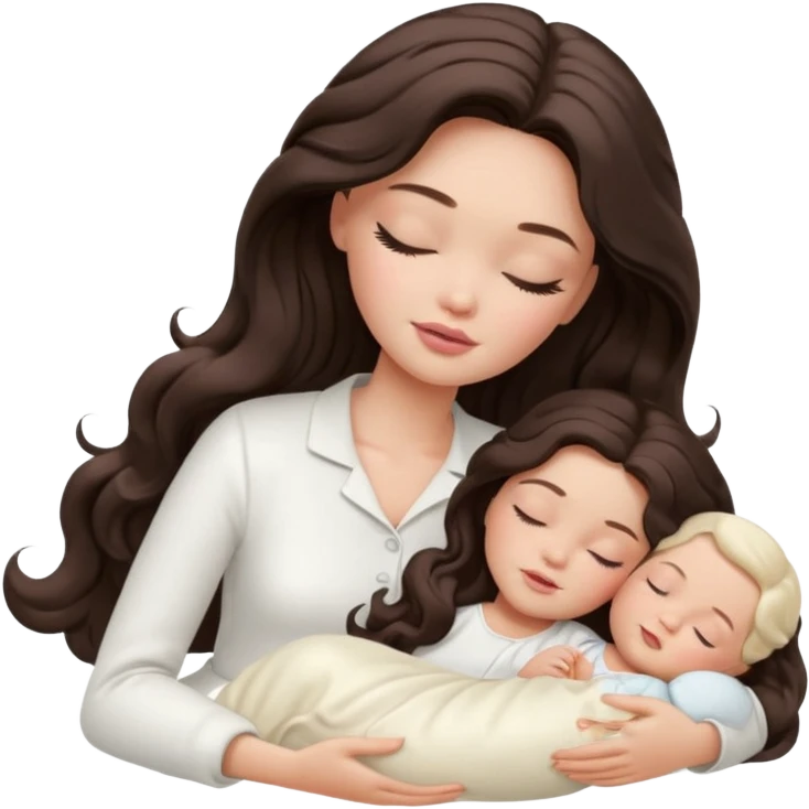 White Barbie girl dark brown long wavy hair in white clothes sleeping with white baby at cream bed, eyes are closed emoji