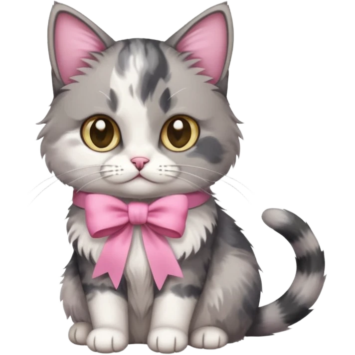 Sitting Dilute grey calico cat with pink ribbon emoji