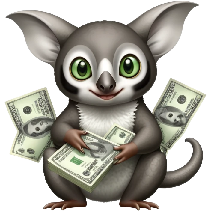Black and white Flying lemur with big ears and green eyes named momo with money emoji