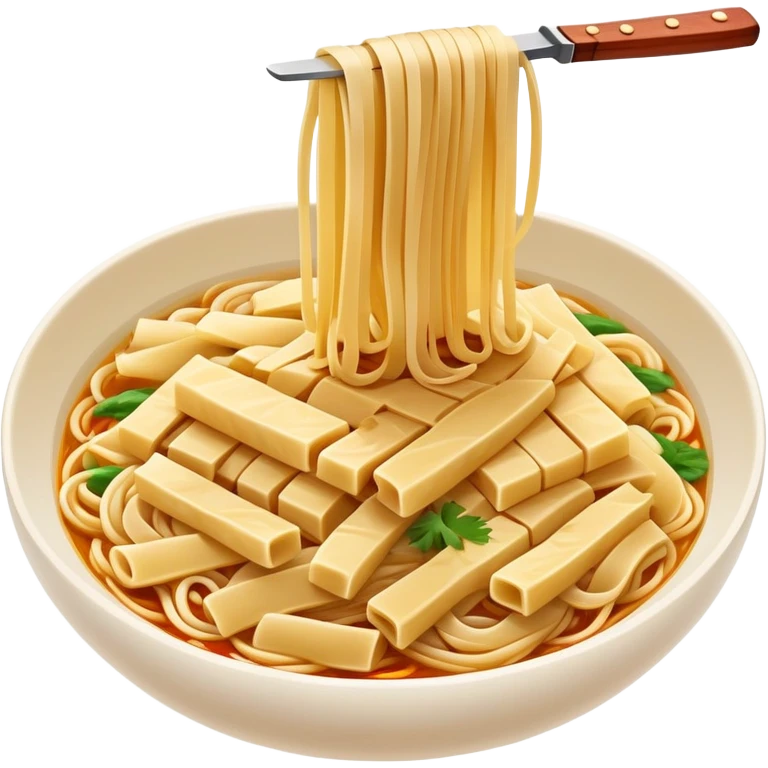 Shanxi knife-cut noodles with irregular thick strips, simplified emoji style with bold outlines and bright colors, cartoon style traditional Dao Xiao Mian emoji